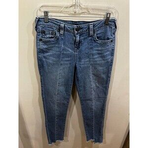 True Religion Jeans Women Size 16 Blue Halle MidRise Skinny Cut Raw Hem Modified